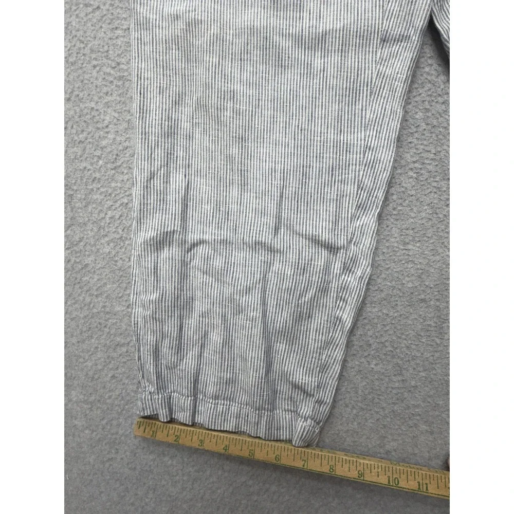 Quince 100% Linen Pants Womens Blue Pinstripe Large Pull On Casual Straight Leg